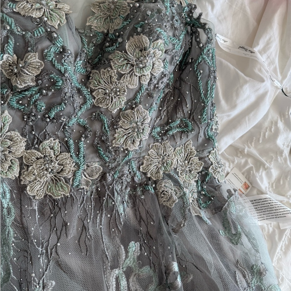 Mac Duggal NWT Seamist Green / Gray Floral Embroidered Maxi Gown 20294 - Picture 7 of 16